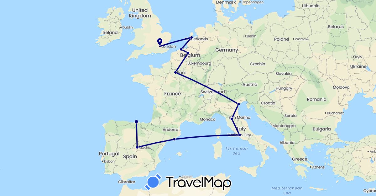 TravelMap itinerary: driving in Belgium, Spain, France, United Kingdom, Italy, Netherlands (Europe)